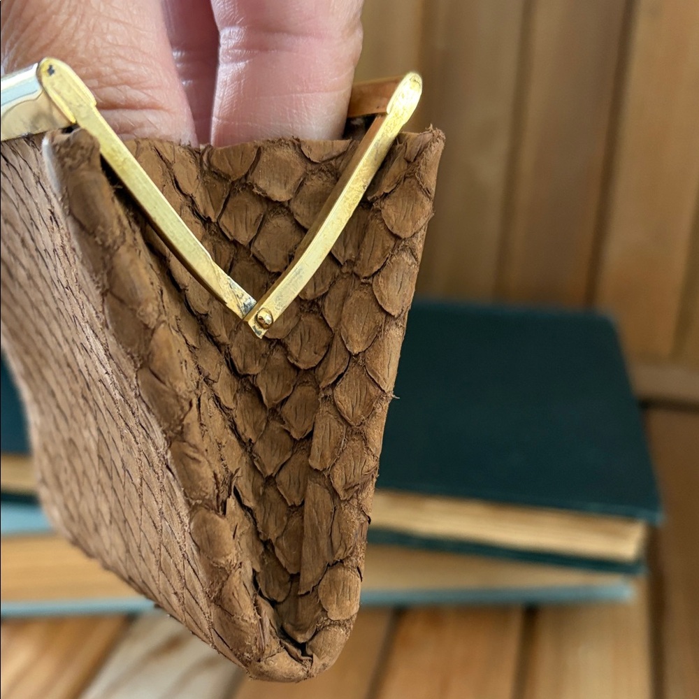 Vintage Snakeskin Coin Purse Kiss Lock Clutch Brown Suede Lined - Picture 5 of 6
